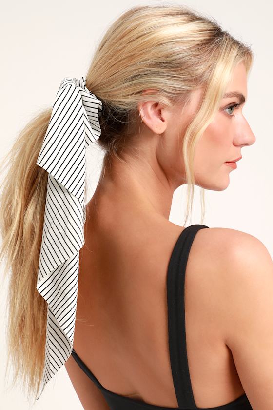 With a Twist Black and White Striped Scarf Ponytail Holder 1