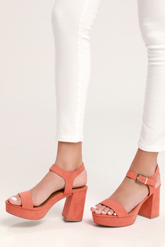 Dayla Coral PU Strappy Square Toe Block Mid Heel Sandals | Public Desire