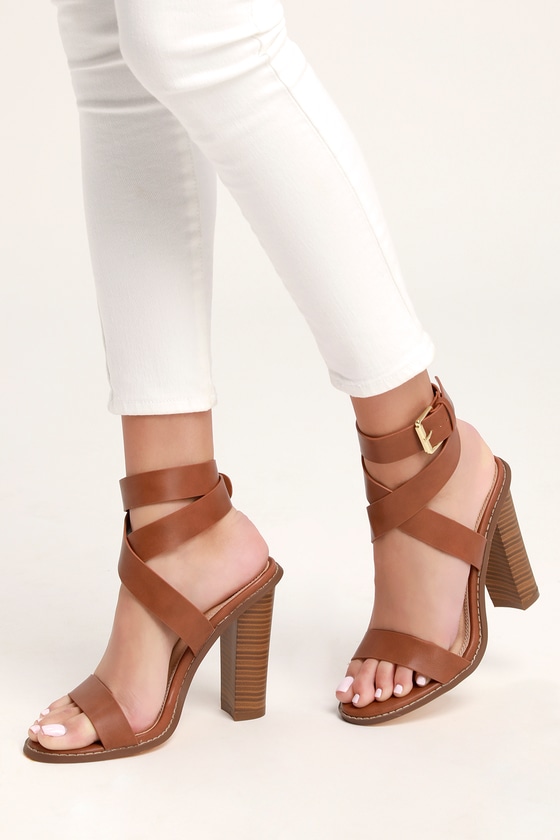 Cute Tan Heels - Ankle Strap Heels - Wood-Look Stacked Heels
