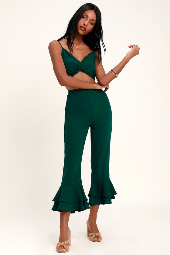 Everyday I'm Rufflin' Forest Green Cropped Ruffle Hem Pants