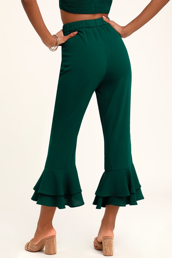 Everyday I'm Rufflin' Forest Green Cropped Ruffle Hem Pants