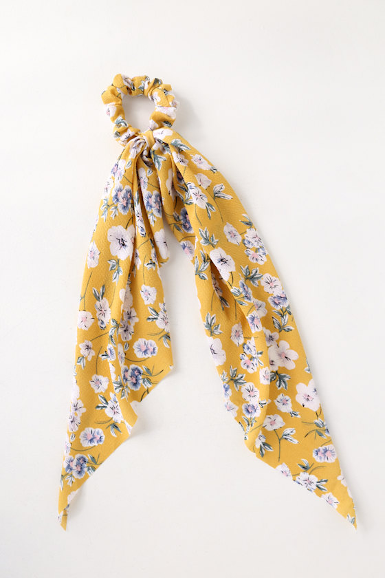 Breezy Blooms Mustard Yellow Floral Print Scarf Ponytail Holder 2