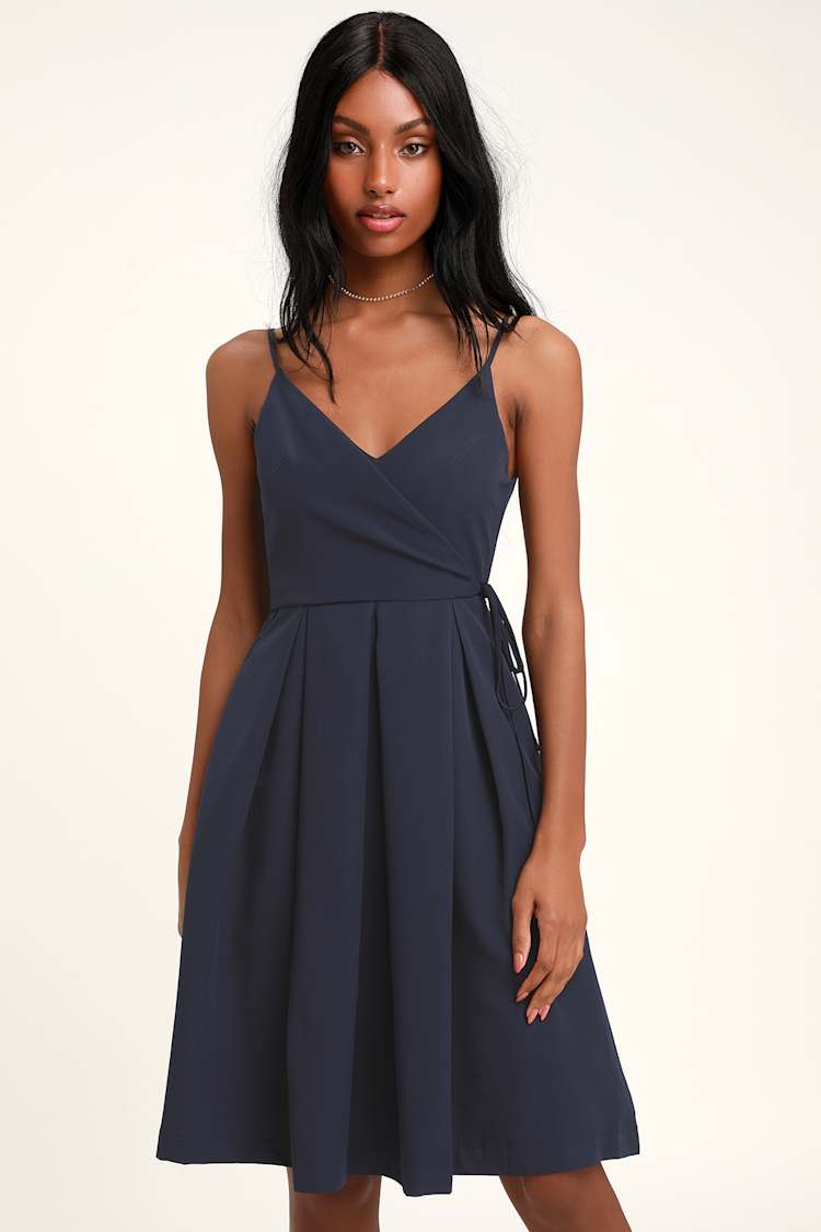Cute Navy Blue Dress - Faux Wrap Dress - Midi Dress - Midi Skater - Lulus