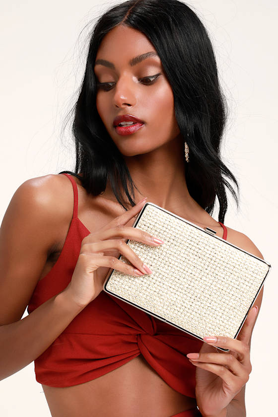 Shine All Mine Cream and Silver Woven Metallic Clutch 1