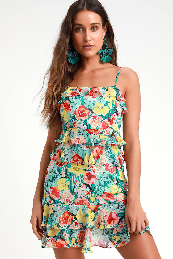 Feel Alive Teal Green Floral Print Ruffled Dress 1