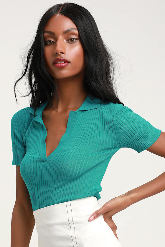 Farias Teal Blue Ribbed Cropped Polo 3