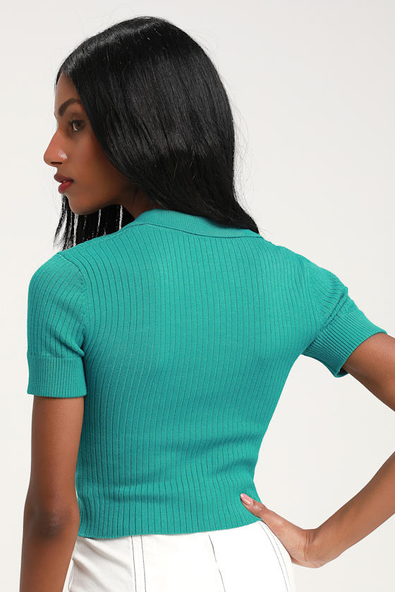 Farias Teal Blue Ribbed Cropped Polo 4