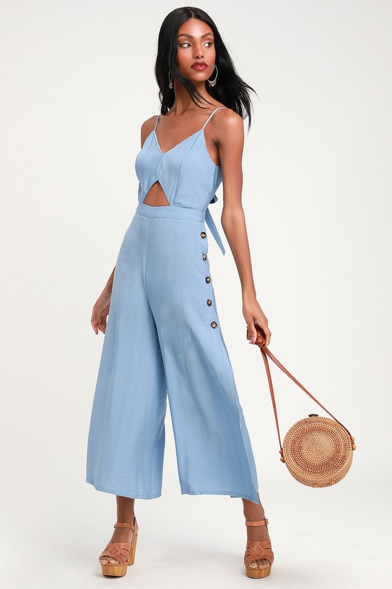 Light Blue Culotte Jumpsuit - Cutout Jumpsuit - Tie-Back Jumpsuit - Lulus