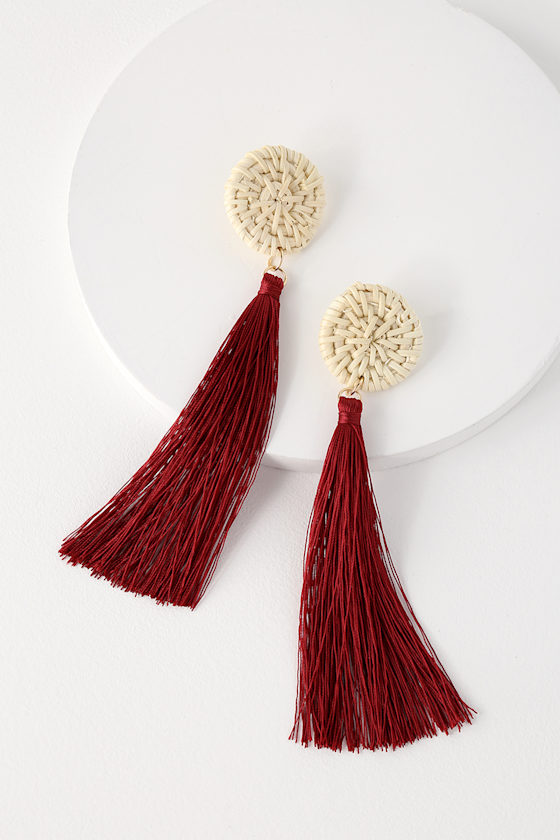 Stay Rad Wine Red Woven Rattan Tassel Earrings 1