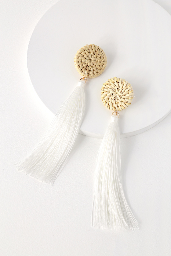Stay Rad White Woven Rattan Tassel Earrings 1