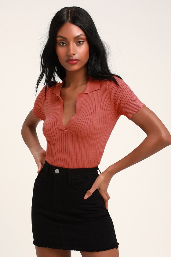 Cute Rusty Rose Top - Ribbed Top - Cropped Top - Polo - Lulus