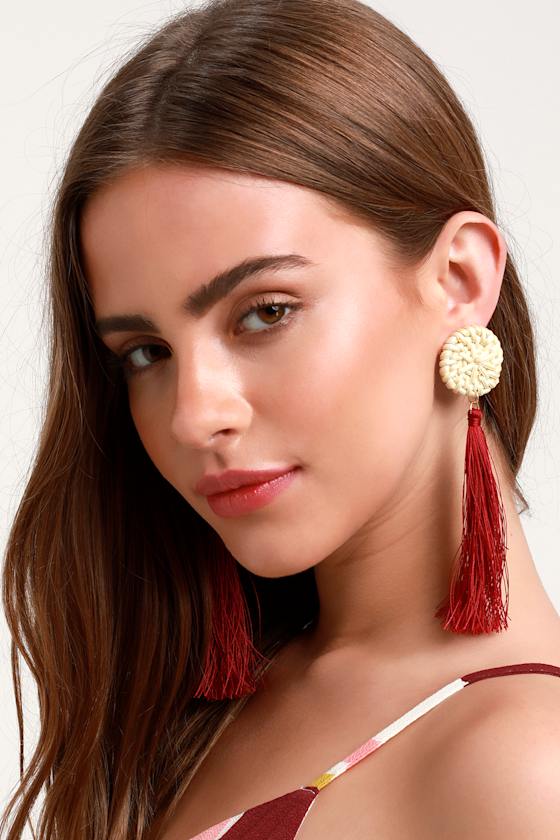 Stay Rad Wine Red Woven Rattan Tassel Earrings 1