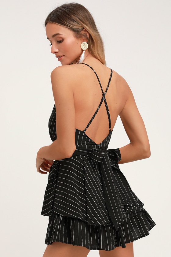 Cool Black Striped Romper - Ruffle Romper - Backless Romper - Lulus