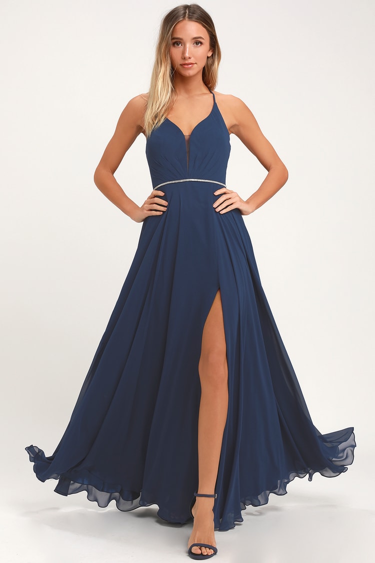 Navy Blue Maxi Dress - Lace-Up Maxi Dress - Chiffon Maxi Dress - Lulus