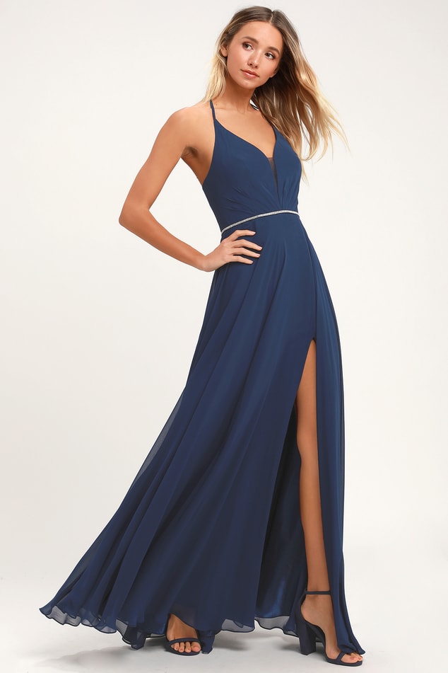 FancyVestido Stunning Navy Blue Long Prom Dress with Rhinestones US 12 / Photo Color