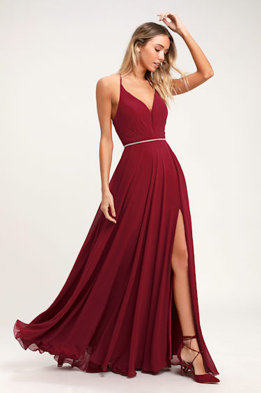 She's Gorgeous Wine Red Lace-Up Rhinestone Maxi Dress