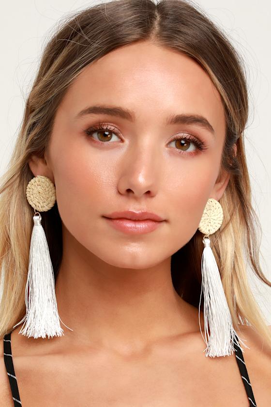 Stay Rad White Woven Rattan Tassel Earrings 1
