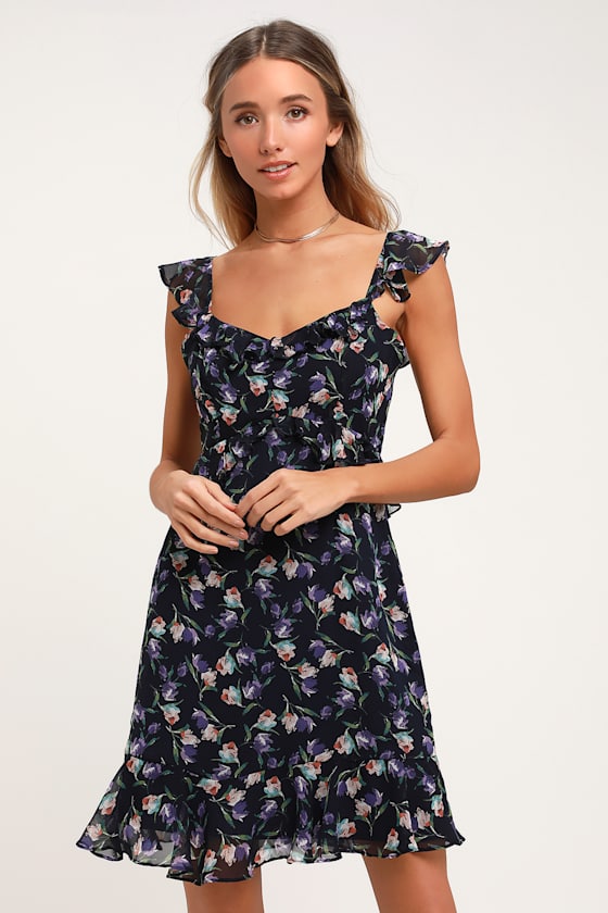 Cute Navy Blue Floral Print Dress - Ruffled Dress - Mini Dress - Lulus