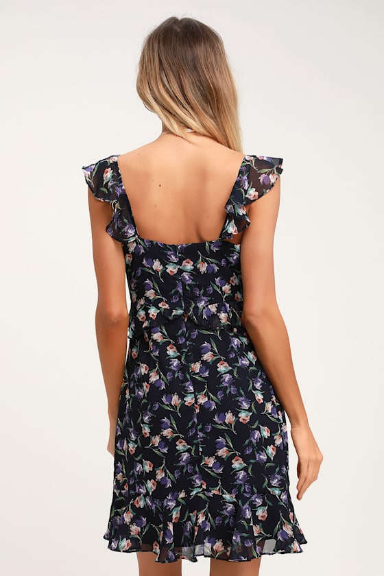 Cute Navy Blue Floral Print Dress - Ruffled Dress - Mini Dress - Lulus