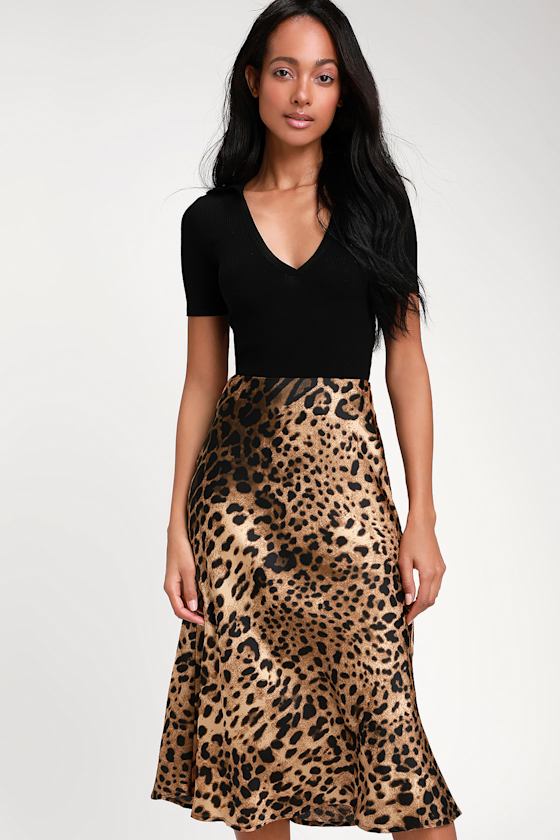 Wild Wonder Brown Leopard Print Satin Midi Skirt 9