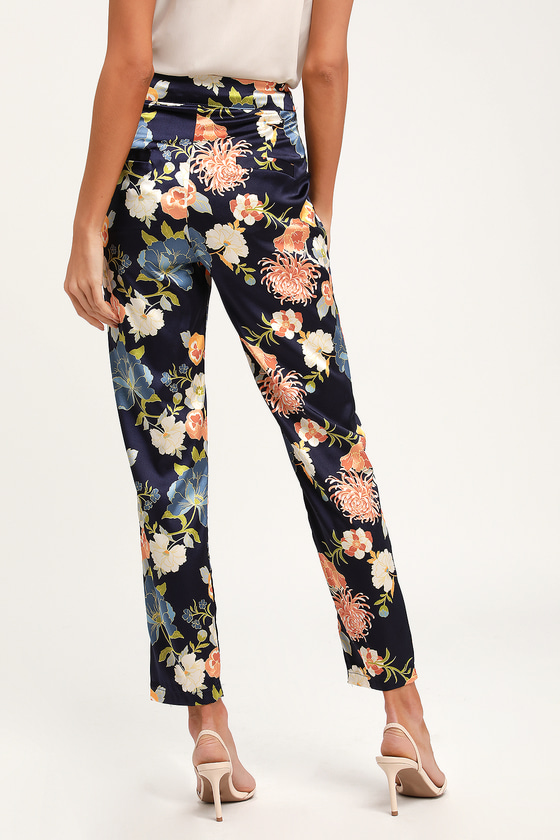 Floral The Way To The Top Navy Blue Floral Print Satin Trousers