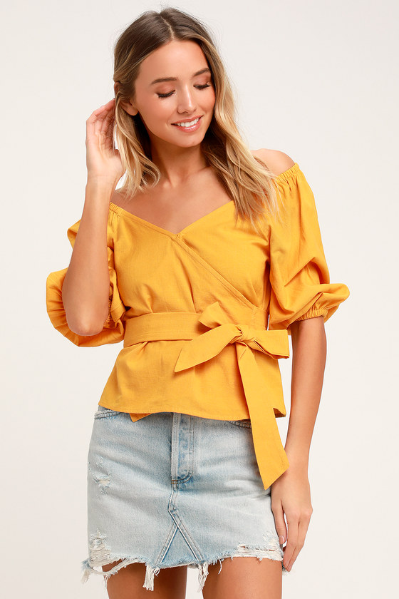 mustard yellow wrap top