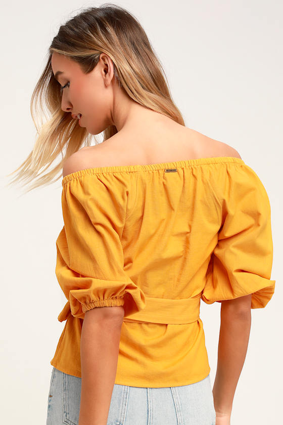 mustard yellow wrap top