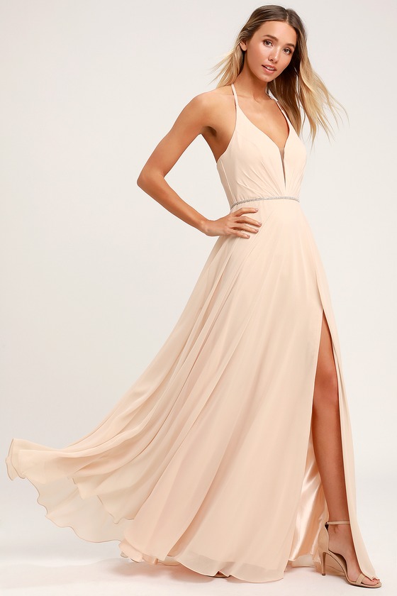 Stunning Maxi Dress - Nude Maxi Dress - Rhinestone Dress - Lulus