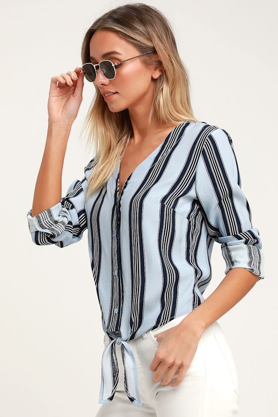 blue and white striped tie front top