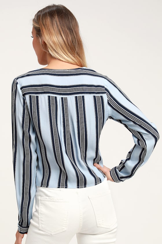 blue and white striped tie front top