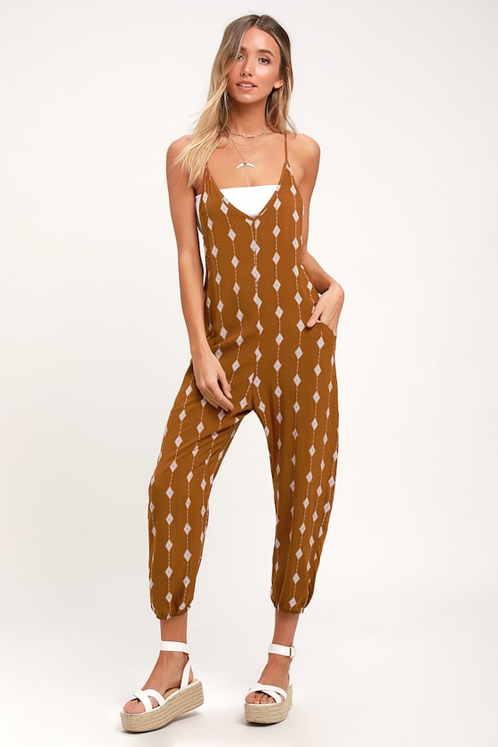 Boho Tan Print Jumpsuit Midi Jumpsuit Slouchy Jumpsuit Lulus