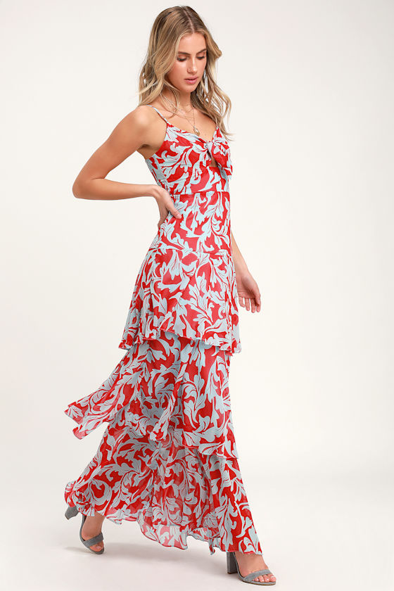 Saturday Sunrise Red and Blue Floral Print Tiered Maxi Dress 2
