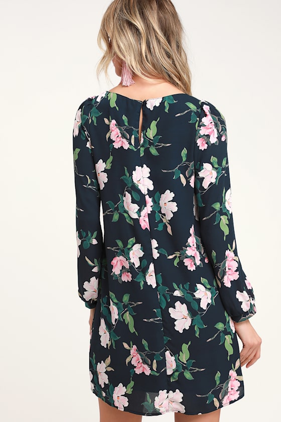 Rosalinda Navy Blue Floral Print Long Sleeve Shift Dress 3
