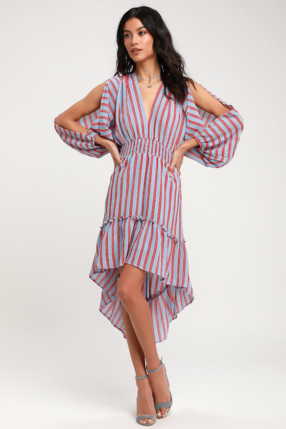 Nadya Red and Light Blue Striped High-Low Dress 1