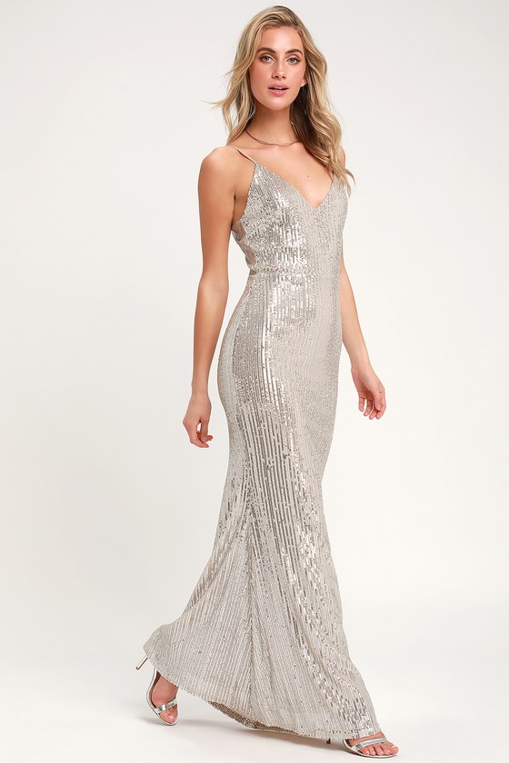 Broadway Silver Sequin Sleeveless Maxi ...