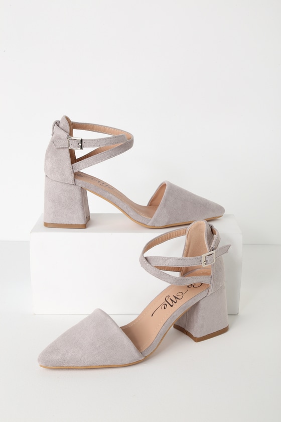 grey suede ankle strap heels