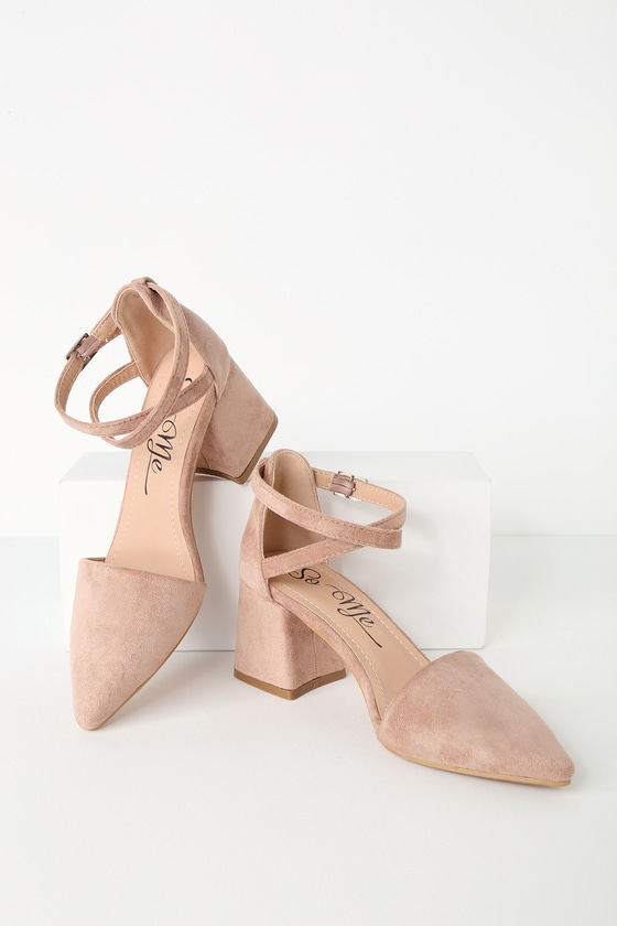 Cute Suede Ankle Strap Pumps Pointed Toe Pumps Nude Heels Lulus