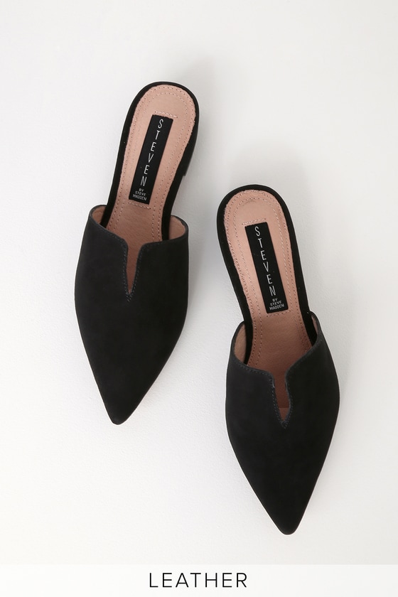 black leather pointed toe mules