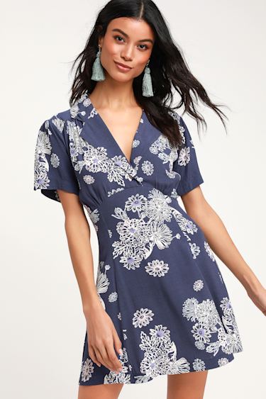 Free People Blue Hawaii - Washed Blue Dress - Floral Print Dress - Lulus