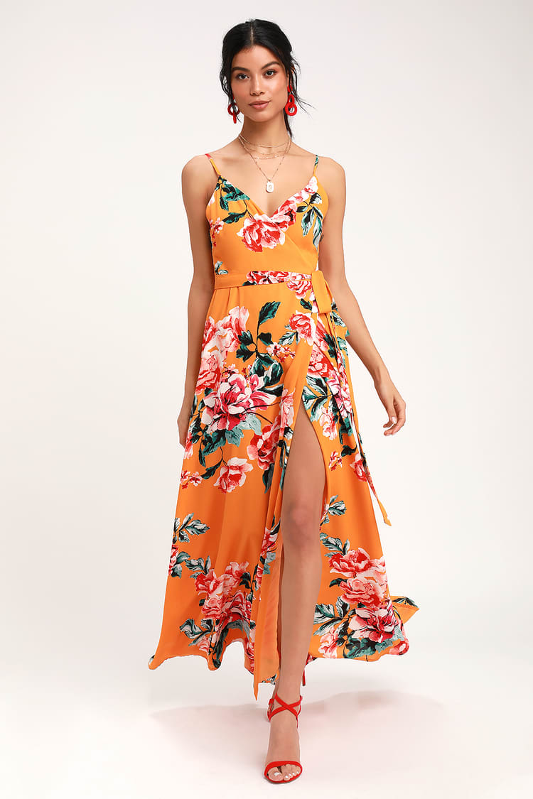 Floral Flirtation Orange Floral Print Wrap Maxi Dress