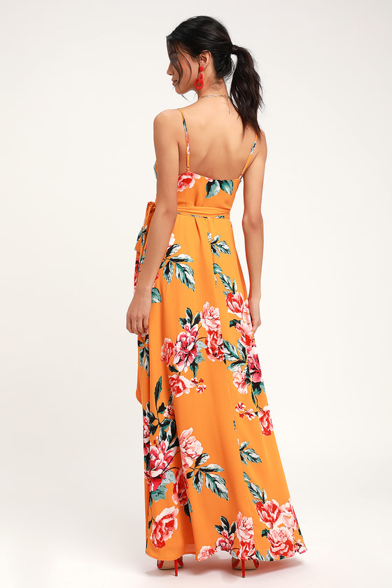 orange floral wrap dress