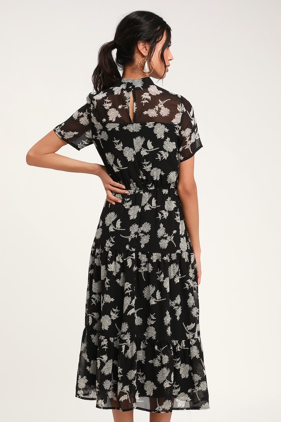 black floral tassel hem midi dress