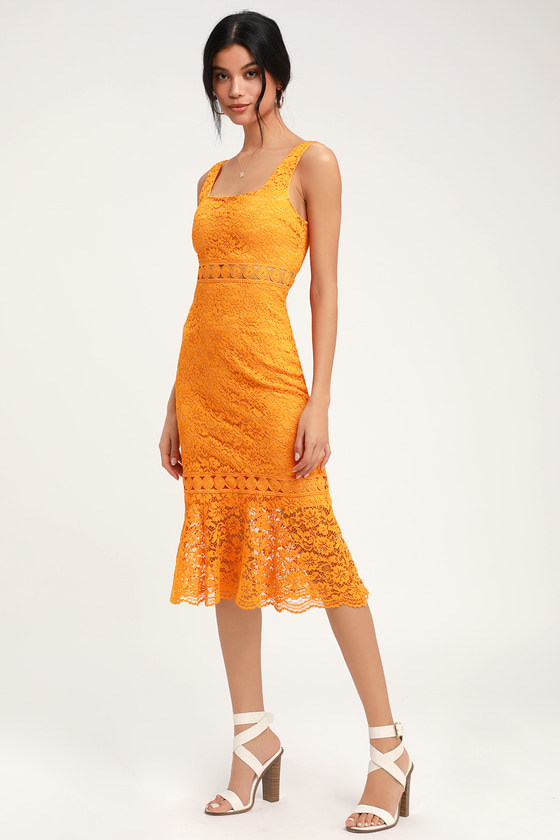 Fun Orange Dress - Midi Dress - Trumpet Hem Dress - Lace Dress - Lulus