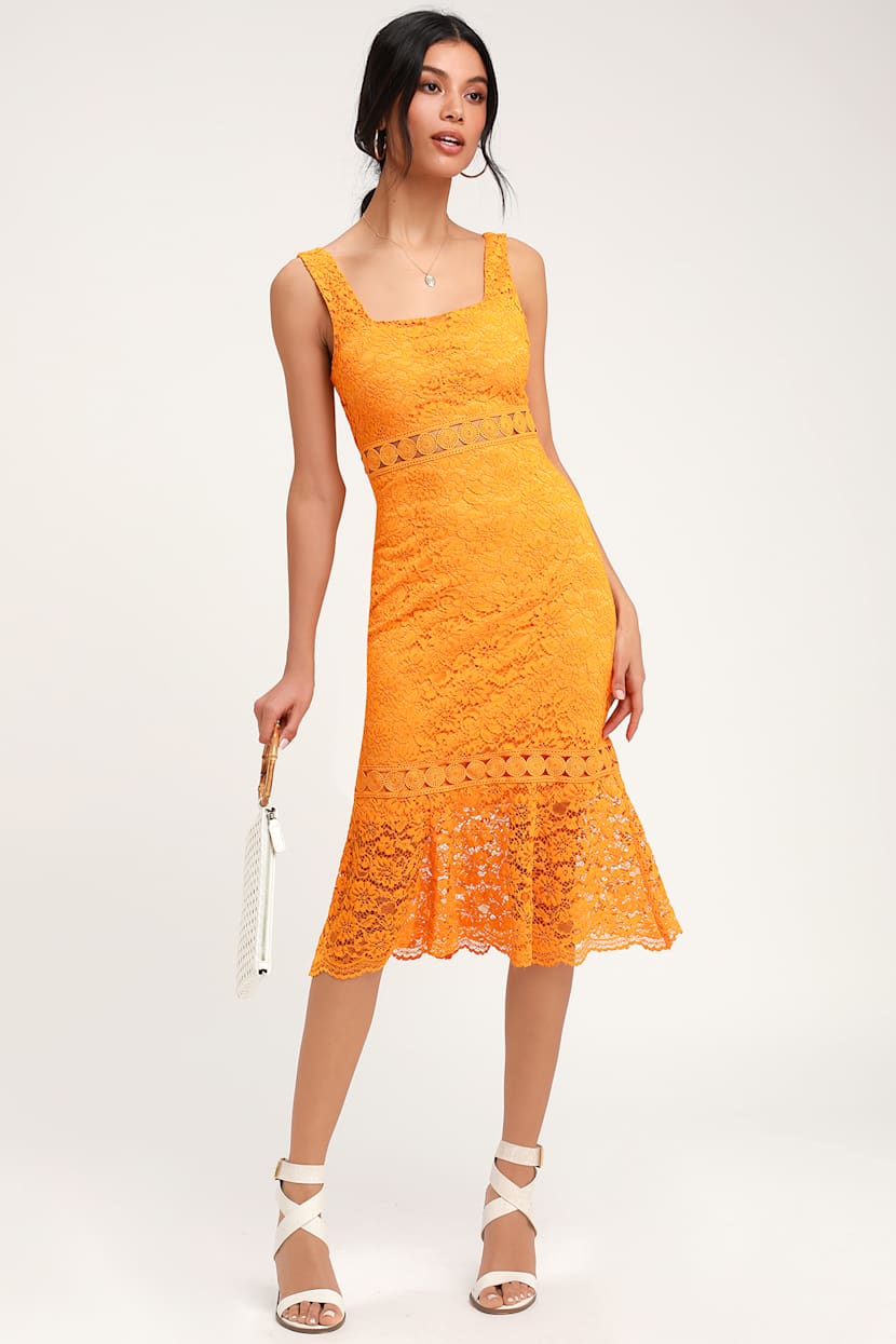 Vibrant Life Orange Lace Trumpet Hem Midi Dress