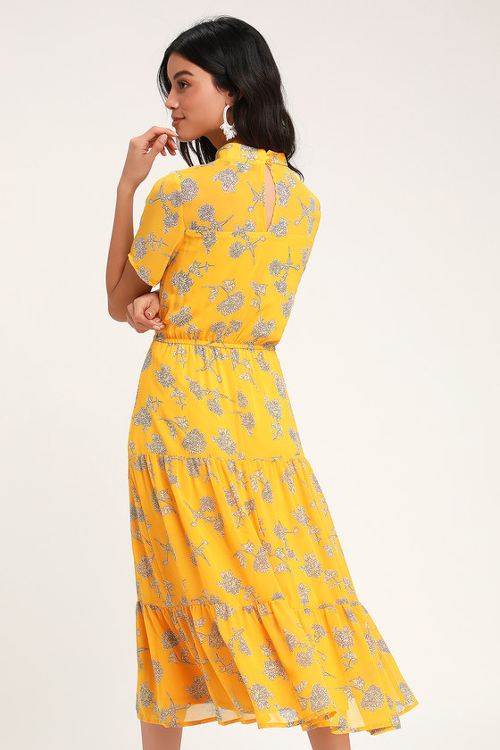 NEW EX MnS Per U*a Yellow Floral Print Short Sleeve Frilly Midi Dress Size 6-22 