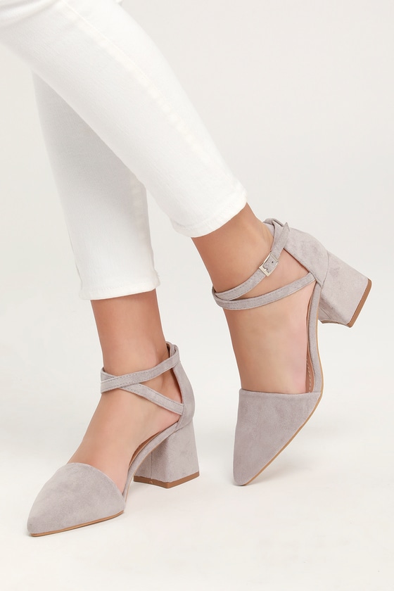 grey suede ankle strap heels
