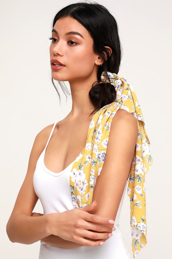 Breezy Blooms Mustard Yellow Floral Print Scarf Ponytail Holder 4