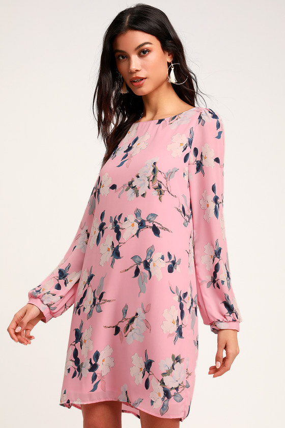 Rosalinda Blush Pink Floral Print Long Sleeve Shift Dress