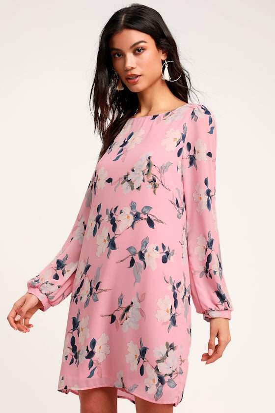 Rosalinda Blush Pink Floral Print Long Sleeve Shift Dress 5