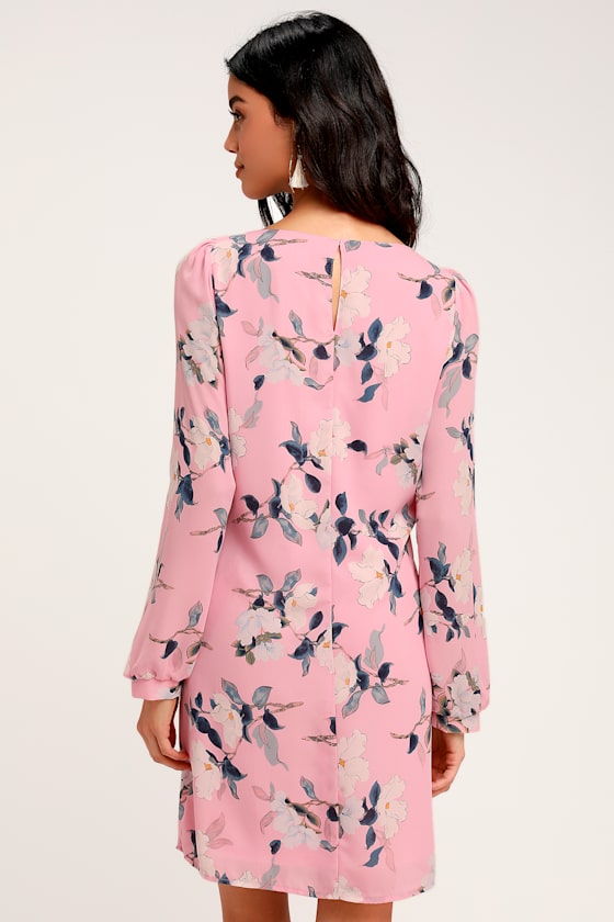 Rosalinda Blush Pink Floral Print Long Sleeve Shift Dress 2